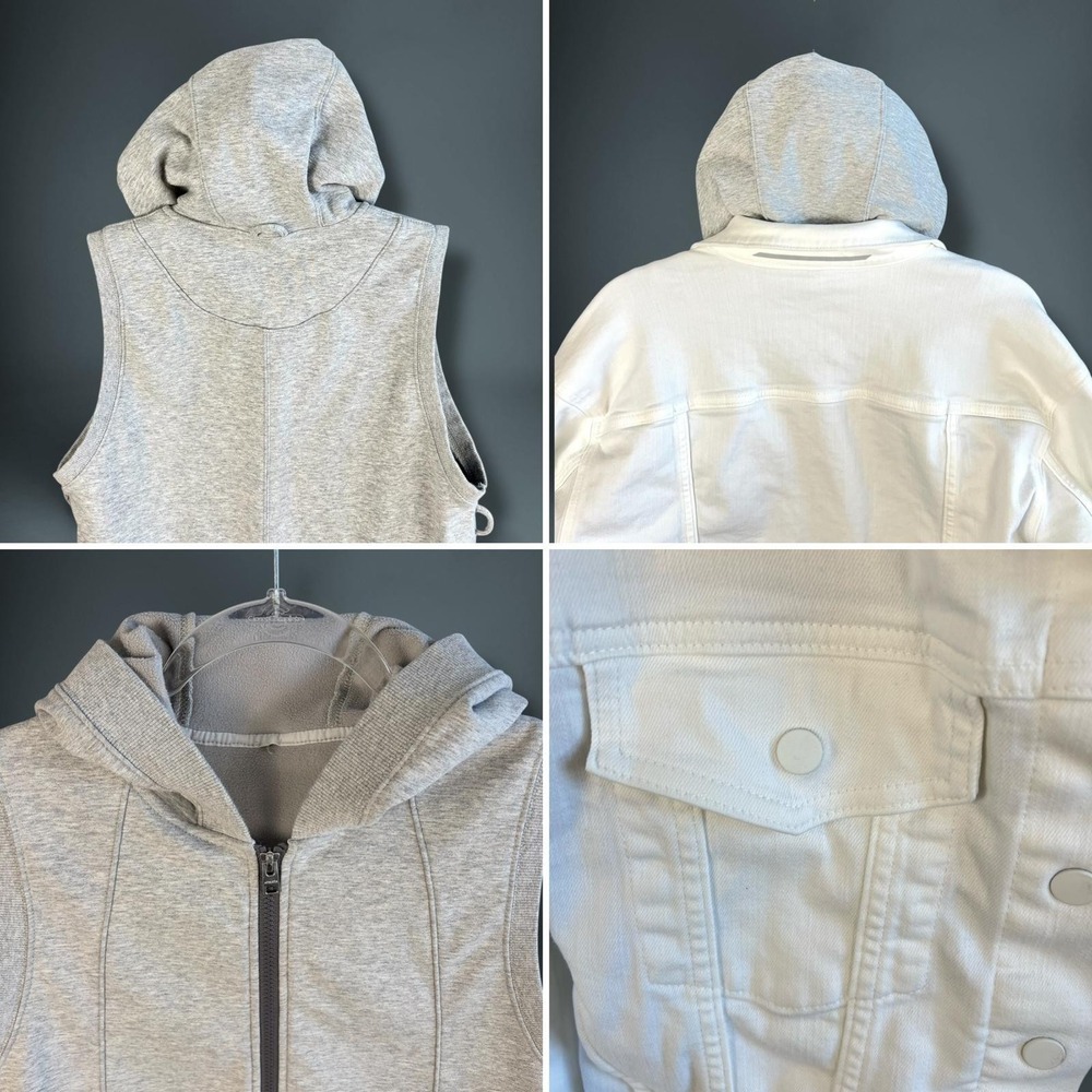 Athleta Jacket Womens Medium‎ White Denim Trucker Hooded Zip In Vest Layered - Picture 6 of 12
